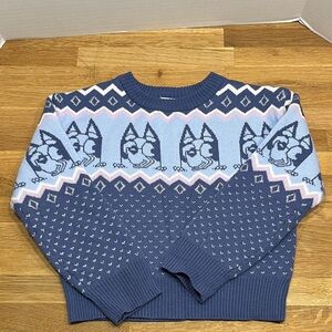 BLUEY Dog Print Blue, White, Lavender & Silver Crewneck Sweater Girls XS 4/5